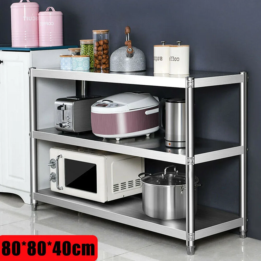 Bymaocar 3 Tiers Kitchen Shelf Shelving Rack Sturdy Restaurant Storage Shelves Rack Stainless Steel Max.capacity 30kg Heavy-duty