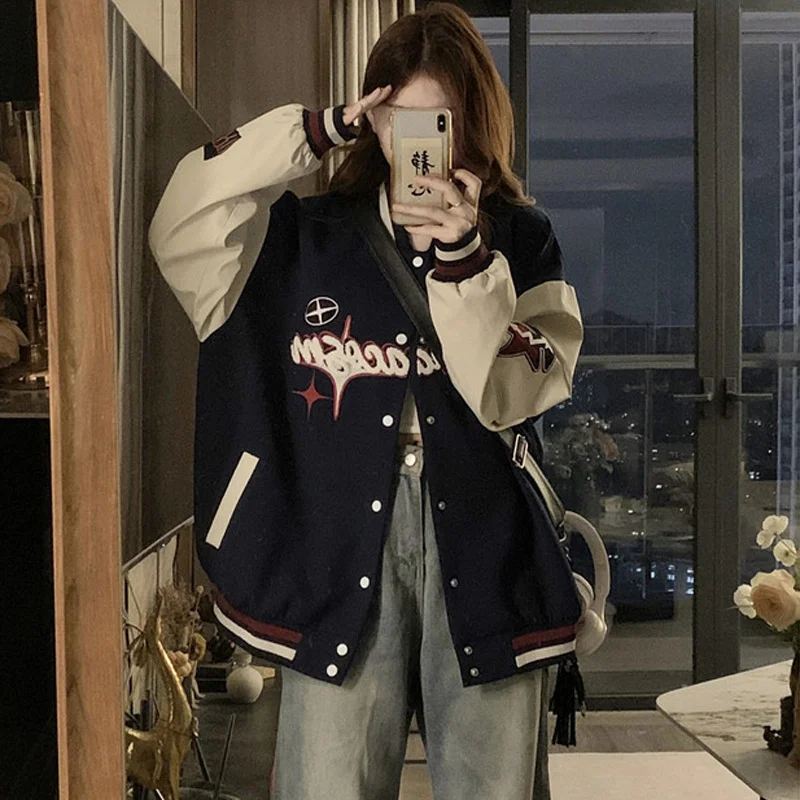 

Baseball Jackets Letter M Womens Demi-Season Warm Self-Stowable Windproof Elegant Slim Upgraded Matching Detachable Pockets Chic