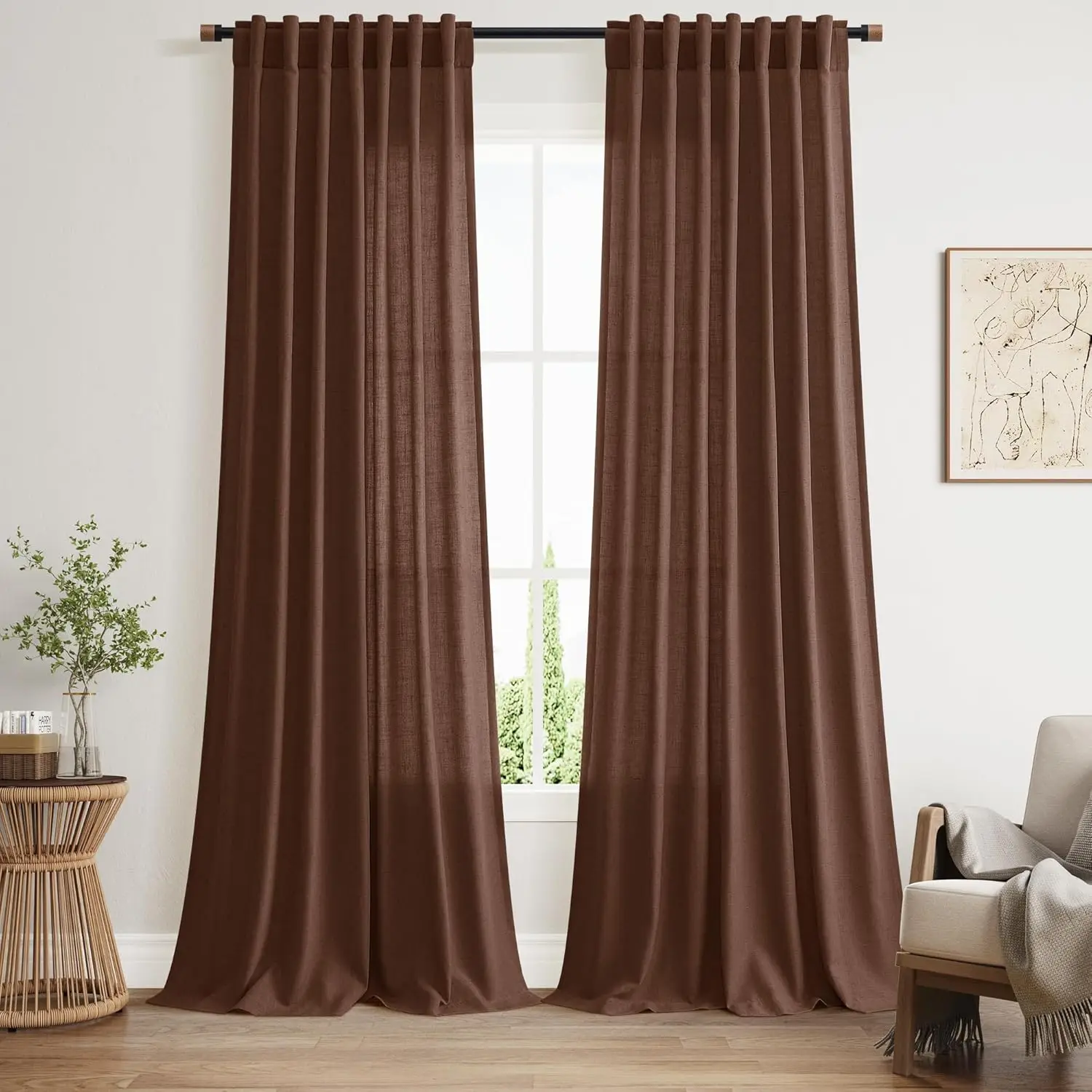 

Mocha Brown Linen Curtains Semi Sheer96 Inches 2 Panels for Living Room Back Tab Rod Pocket Light Filtering for Bedroom Dinning