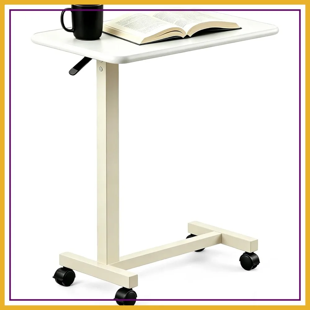 

Adjustable Overbed Table with Wheels, Pneumatic Height Lift Rolling Bedside Table, Standing Desk for Home & Office Use (White)