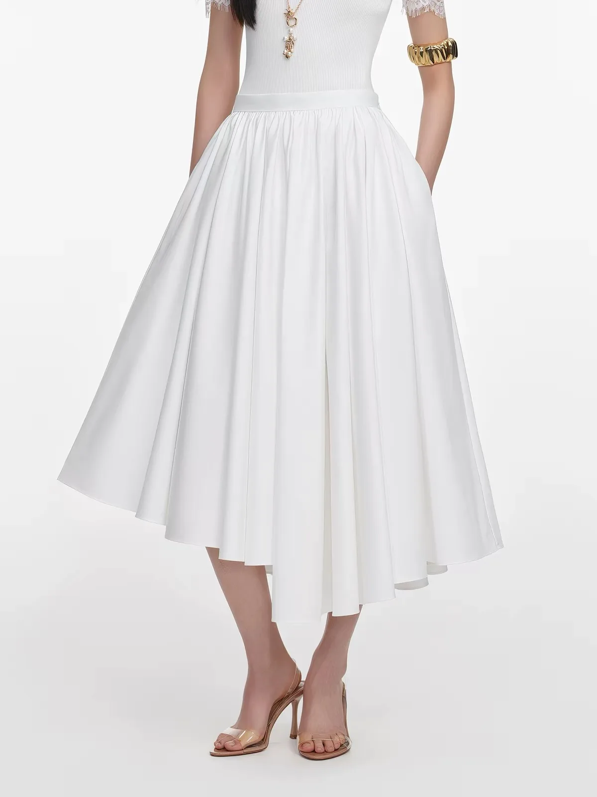 100% Cotton Women White Irregular Pleated Midi Skirt