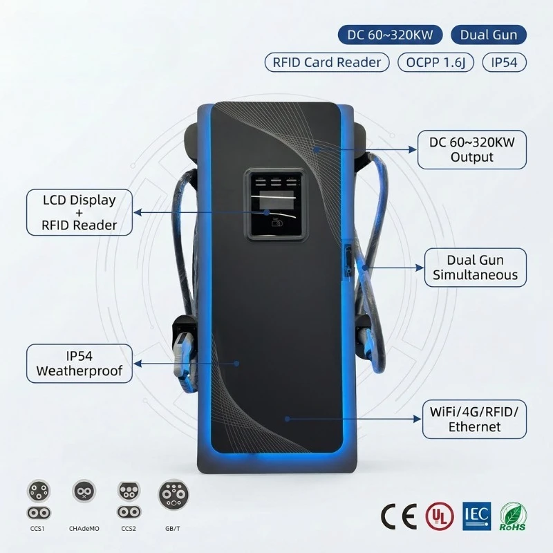Customized 60KW 120KW 320KW Ultra Fast DC EV Charge Point 10 Inch Screen Dual CCS1 CCS2 CHADEMO GBT OCPP 1.6J WiFi 4G RFID IP54