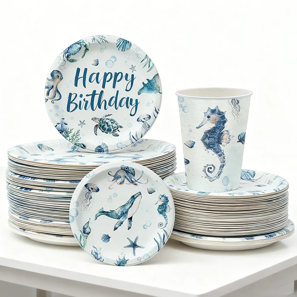 Ocean Disposable Tableware Set Plates Napkins Blue Sea World Themed Plates Cups Napkins Ocean Birthday Party decoration Supplies