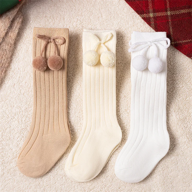 3Pairs/Lot Baby Ball Knee High Socks Soft Cotton Kids Girls Cute Stripe Solid Sock Spanish Children Long Socken For 0-8Years