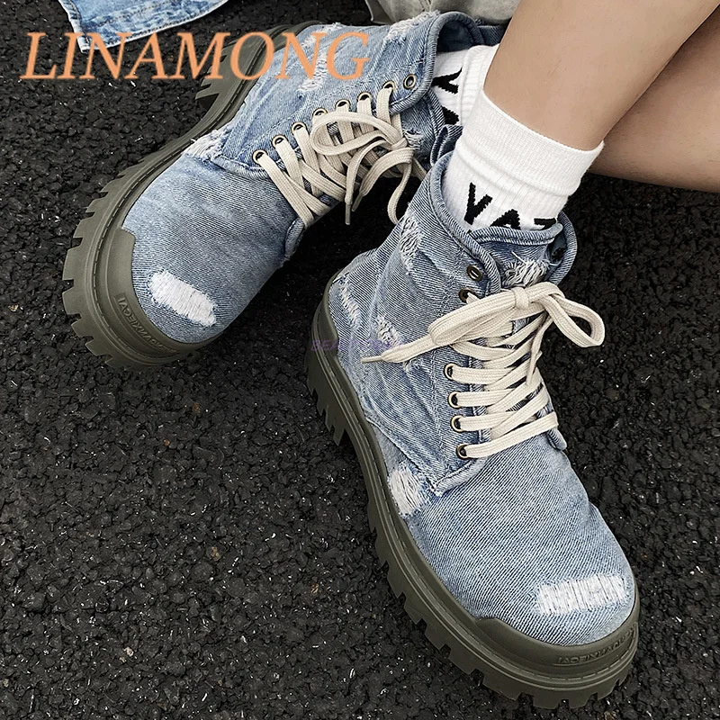Punched Denim Work Boots Fashionable Retro Front Lace Up Design Thick Sole Breathable Men's and Women's Versatile Short Boots