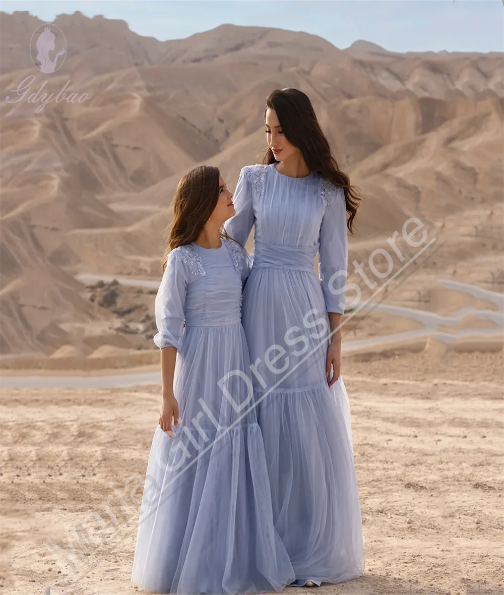 Elegance Wedding Light Blue Flower Girl Dress O Neck Tulle Appliques Formal Occasion Full Sleevess Princess Party Dresses
