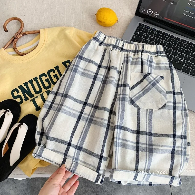 Boys' pants 2026 summer new Korean version children's thin plaid cropped versatile boys' casual pants