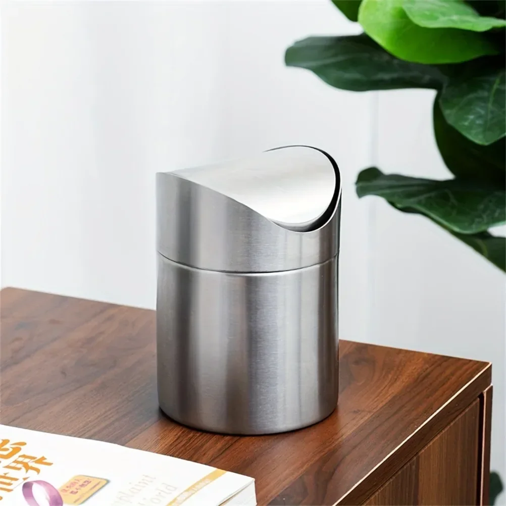 Stainless Steel Mini Desktop Wastebasket with Cover Recycle Bin Office Desktop Mini Trash Can Durable Waste Paper Basket