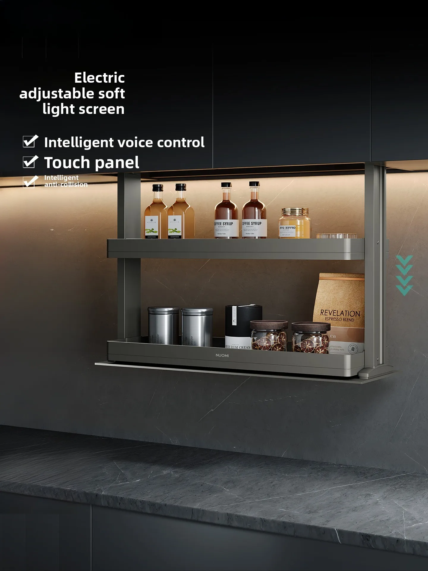 Phantom kitchen cabinet intelligent electric lift, double-layer buffer hanging cabinet seasoning basket rack