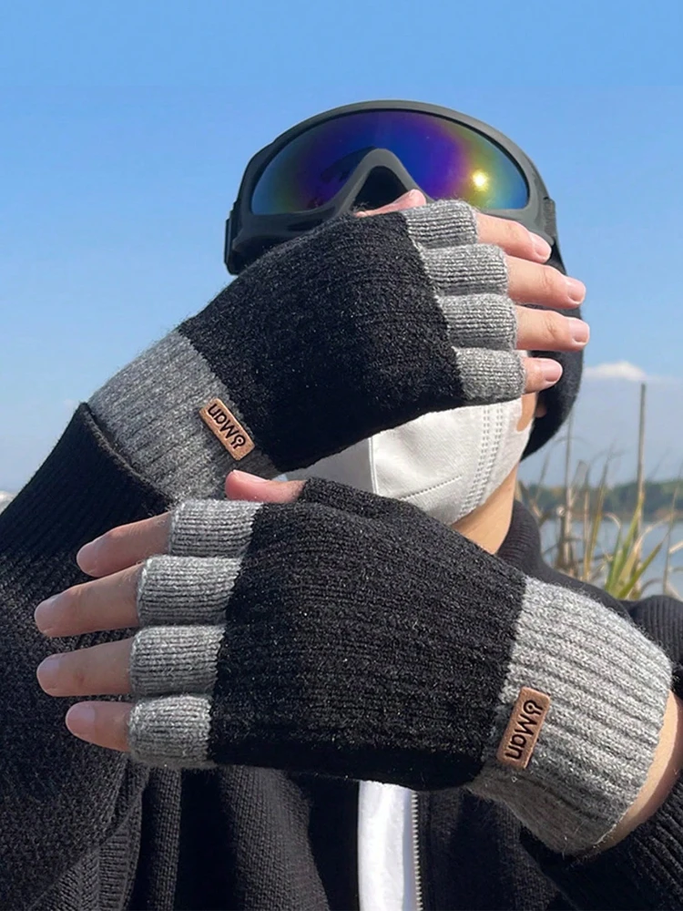 Winter Gloves for Men Half Finger Writting Office Cycling Knitted Gloves Students Alpaca Wool Warm Thick Elastic Driving Gloves