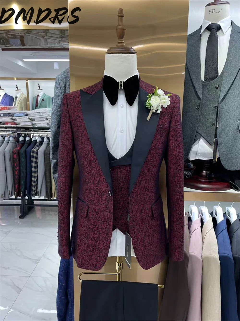 

Hot selling jacquard Men's Suit set For Wedding Dress Gentleman Tailored Men's Suit Formal Autumn Winter Suit Jacket Vest Pants