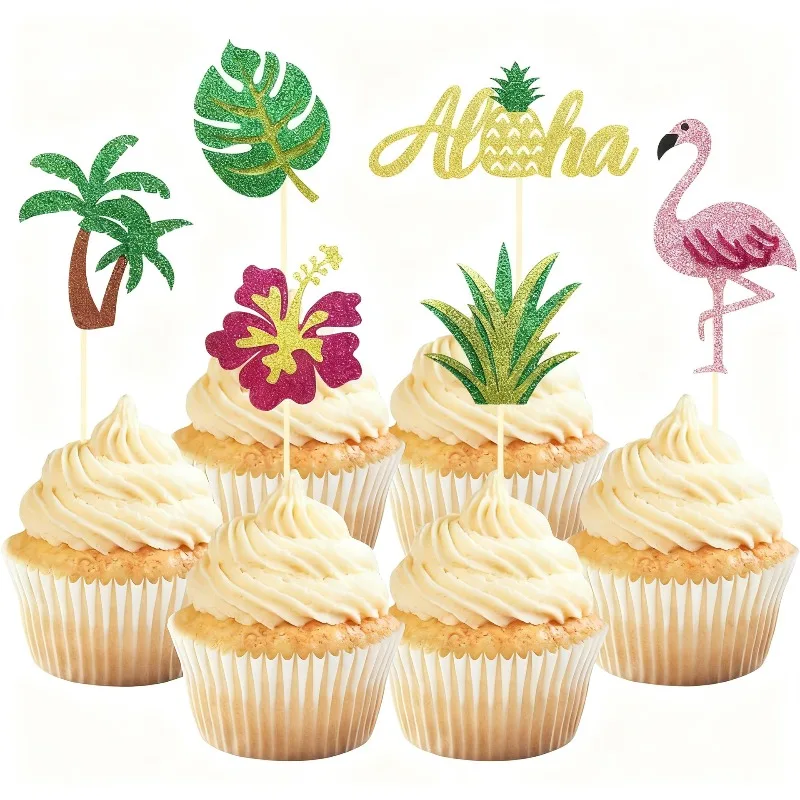 12 Adornos para Cupcakes Hawaianos, Adorno de Pastel con Flamencos Brillantes, Decoraciones para Pastel Aloha, Artículos para Fiestas de Cumpleaños y Bodas con Temática Hawaiana