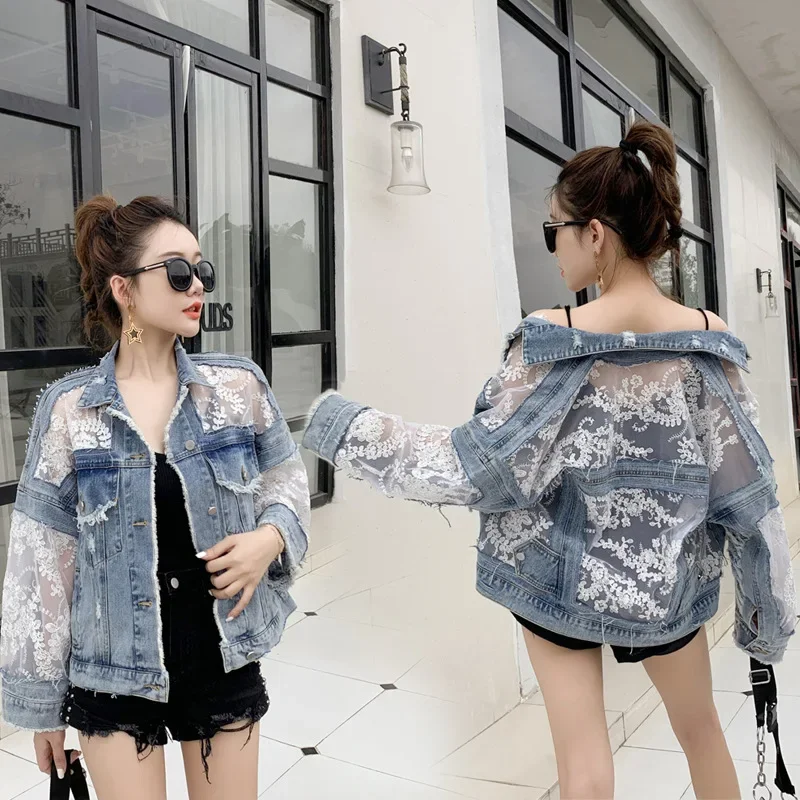 Cotton Denim Coat Women Lace Spring Autumn Ropa Cardigan Jeans Maxi Punk Gothic Bomber Jacket Windbreaker Y2k Jackets Korean