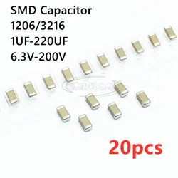 20PCS 1206 SMD 커패시터 1UF 2.2UF 4.7UF 10UF 22UF 47UF 100UF 220UF 10V 16V 25V 35V 50V 63V 100V 200V X7R X5R ±10%=K ±20%=M