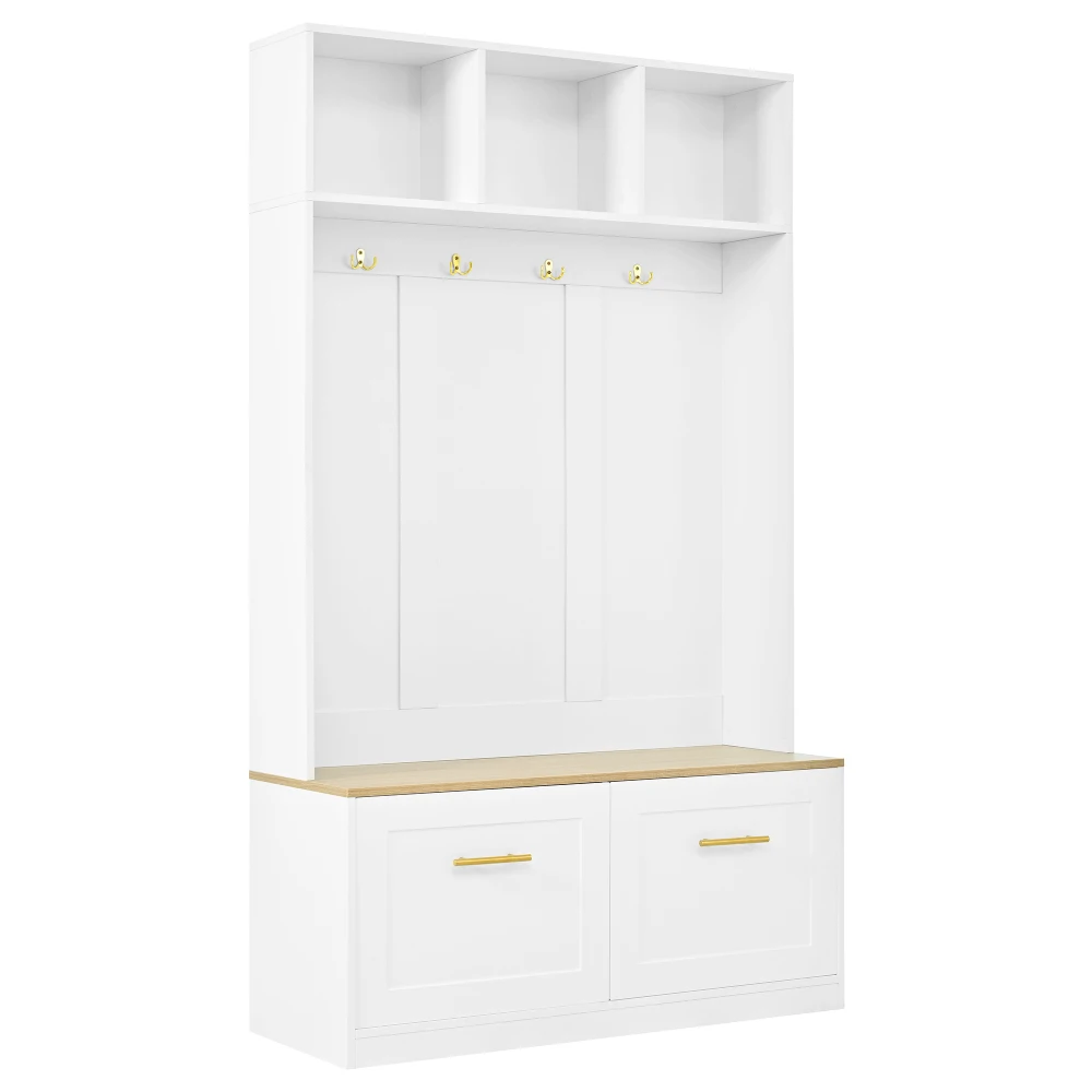 PINGGO Naturweißes Kompaktes Kleiderschrank-Set mit Sitzbank 2 Türen Offene Aufbewahrung 4 Haken 105x40x180cm – Detail 11
