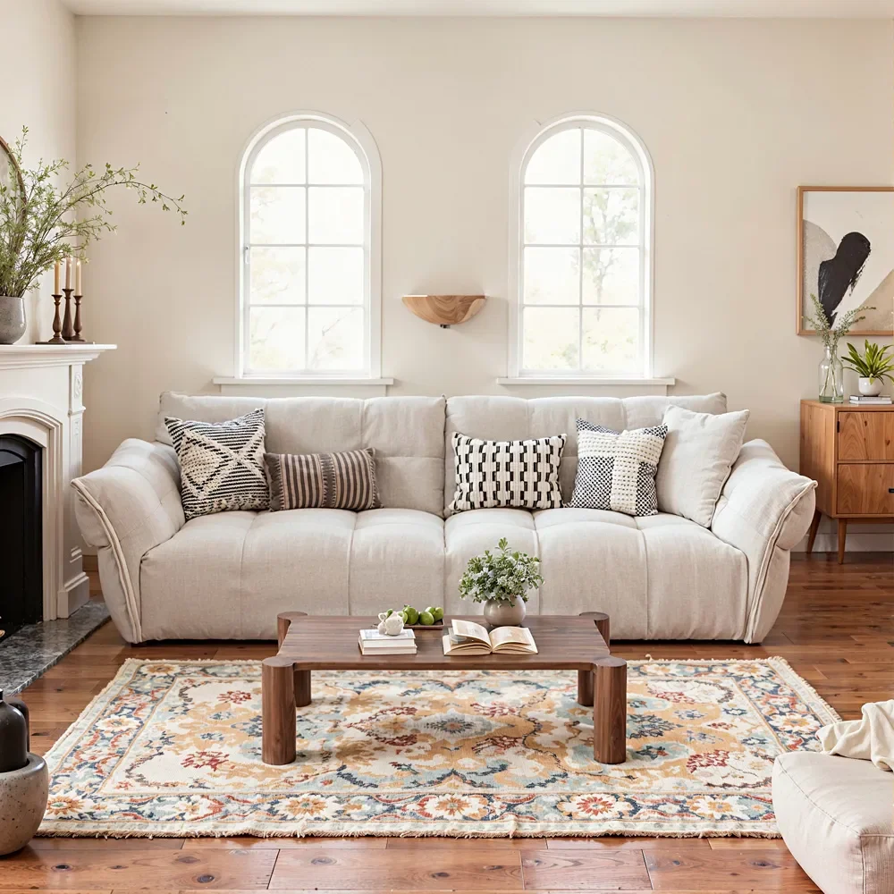 # White Fabric, Retro Cream Style, Three-seater Vertical Sofa  Small Apartment Living Room