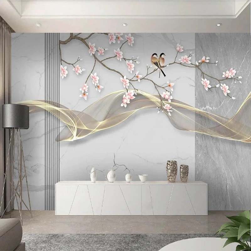 

Custom Wallpaper Chinese Style 3D Marble Magnolia Flower And Bird Background Wall Decor Mural Living Room TV Sofa Study Fresoes