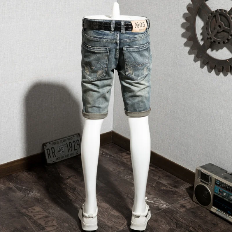 Summer Fifth Jeans Men's Printing Stylish Straight Slim Fit Street Trend RetroinsFashion Holes Men's Shorts