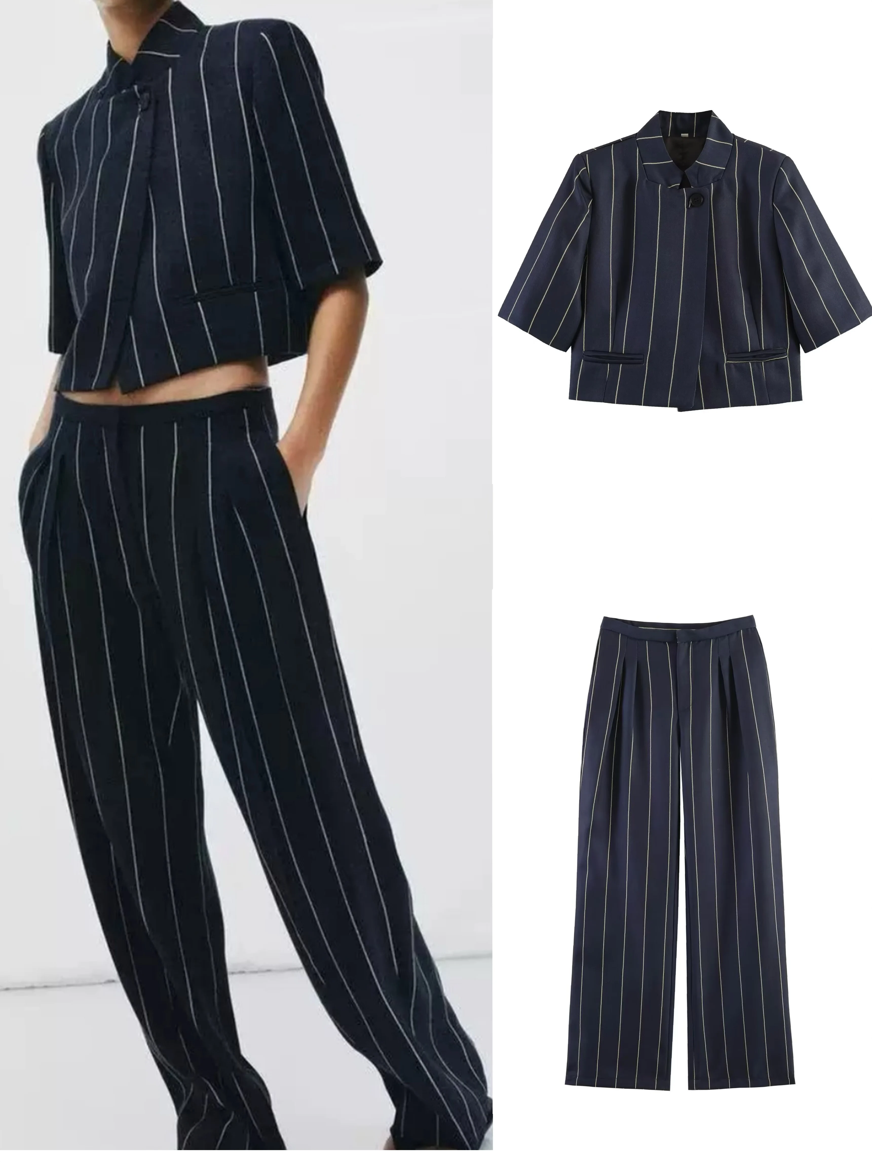 Women's Suit Set with Lapel, Short Sleeve, Linen Blend, Striped, Short Blazer, Straight-Leg Pants, Elegant Office Casual Fashion