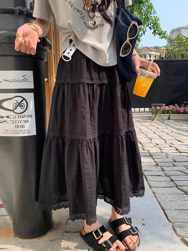 

High Waist Lace Trim Splice mid Length f Body Skirt Women's Summer New Sle Slimming Versatile Hip Covering Cake Skirt