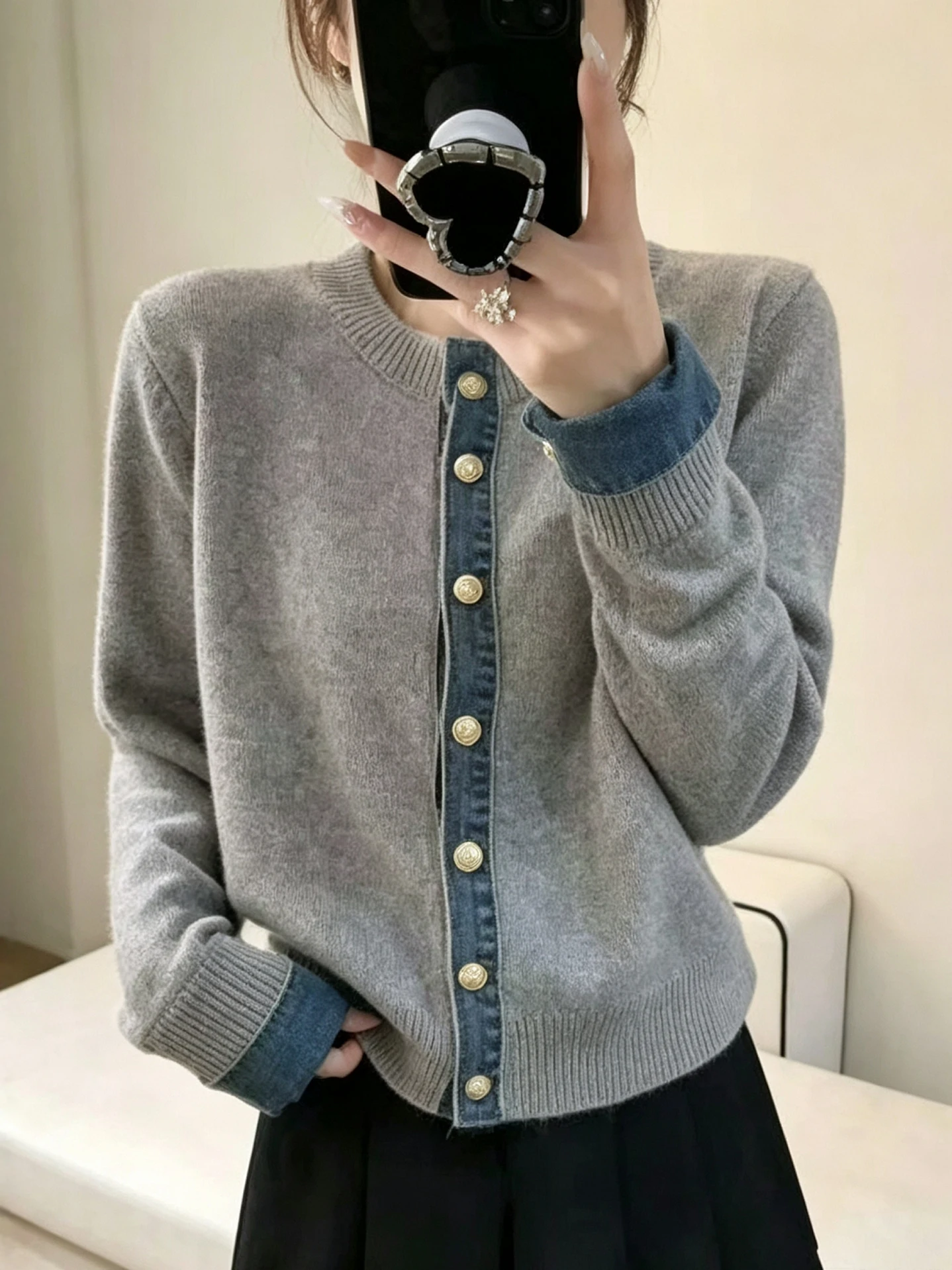 Women's Knitted Sweater Autumn Fashion Loose Fit Denim Splicing Slimming Open Cardigan Soft Long Sleeve round Neck Top