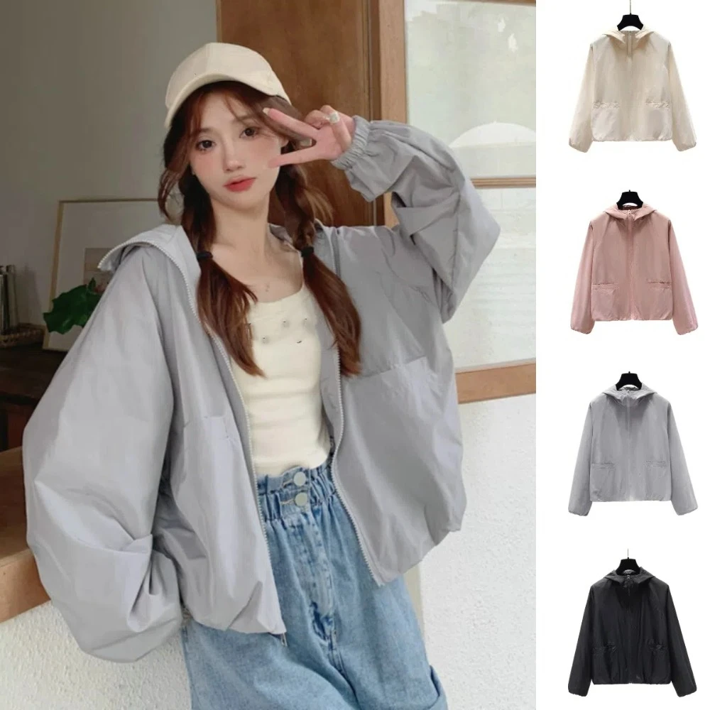 Casual Loose Sunscreen Coat Women Quick-Drying Windproof Sun-Protective Tops Solid Color Out Wear Hooded Jacket Female
