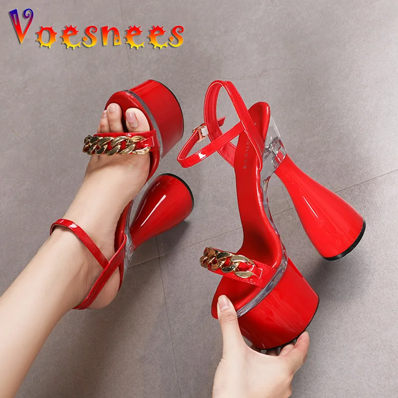 Voesnees Summer Fashion Casual Waterproof Platform Sandals Chunky Heel Shoes Women Golden Chain Embellished High Heels Footwear