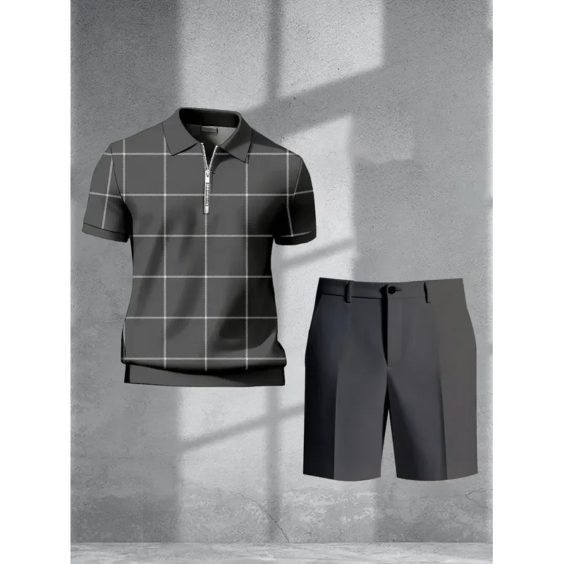 1 top (without pants) Men's Plus Size Casual Checked Quad Zip Polo Shirt with 3D Digital Printing in 100% Polyester Ideal for