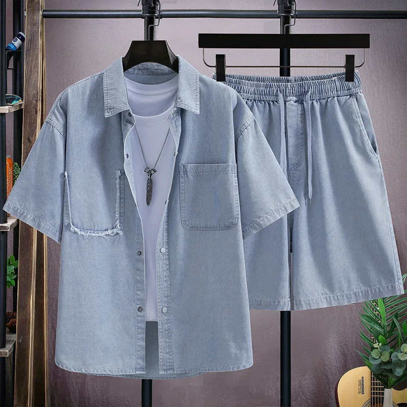 

Men's Casual Sets Shirts +shorts 2026 summer chinese style Sportswear Male Fashion two-piece set denim Shirts+shorts M-4XL