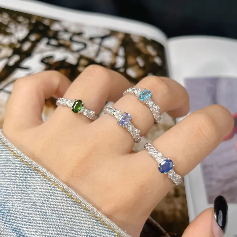 Simple S925 sterling silver inlaid with natural sapphire topaz tanzanian diopside colored treasure ring female index finger