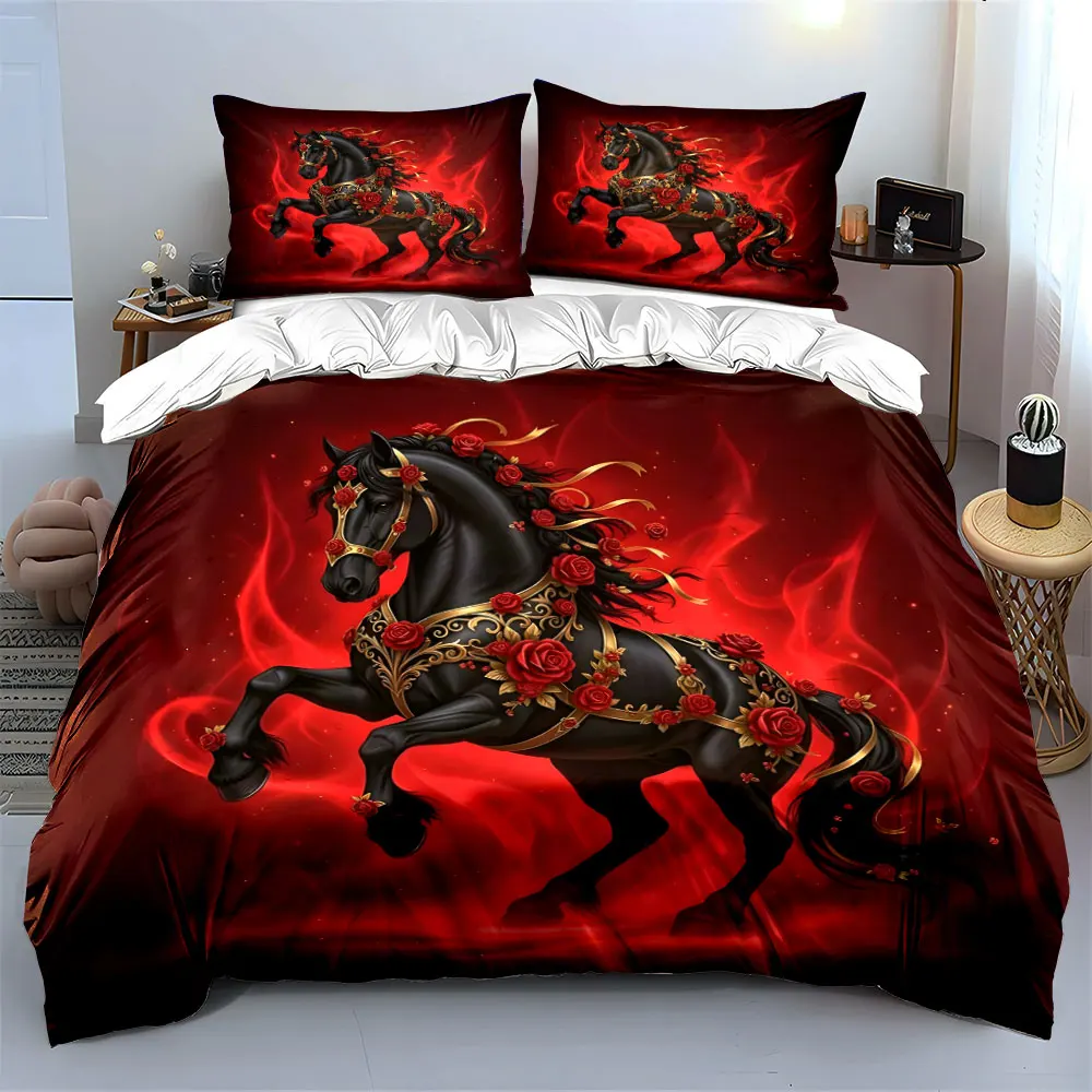

Black horse with red roses and gold decor Print Soft Comfortable Duvet Cover Bedding Set Included 1*Duvet Cover 2*Pillowcases