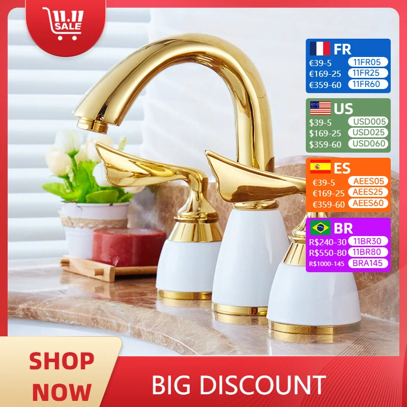 Ceramic Handles Bathroom Basin Faucet 3 Holes 2 Handles Sink Mixer Faucet Basin Taps Torneira Rubinetti Bagno Bathtub Faucet