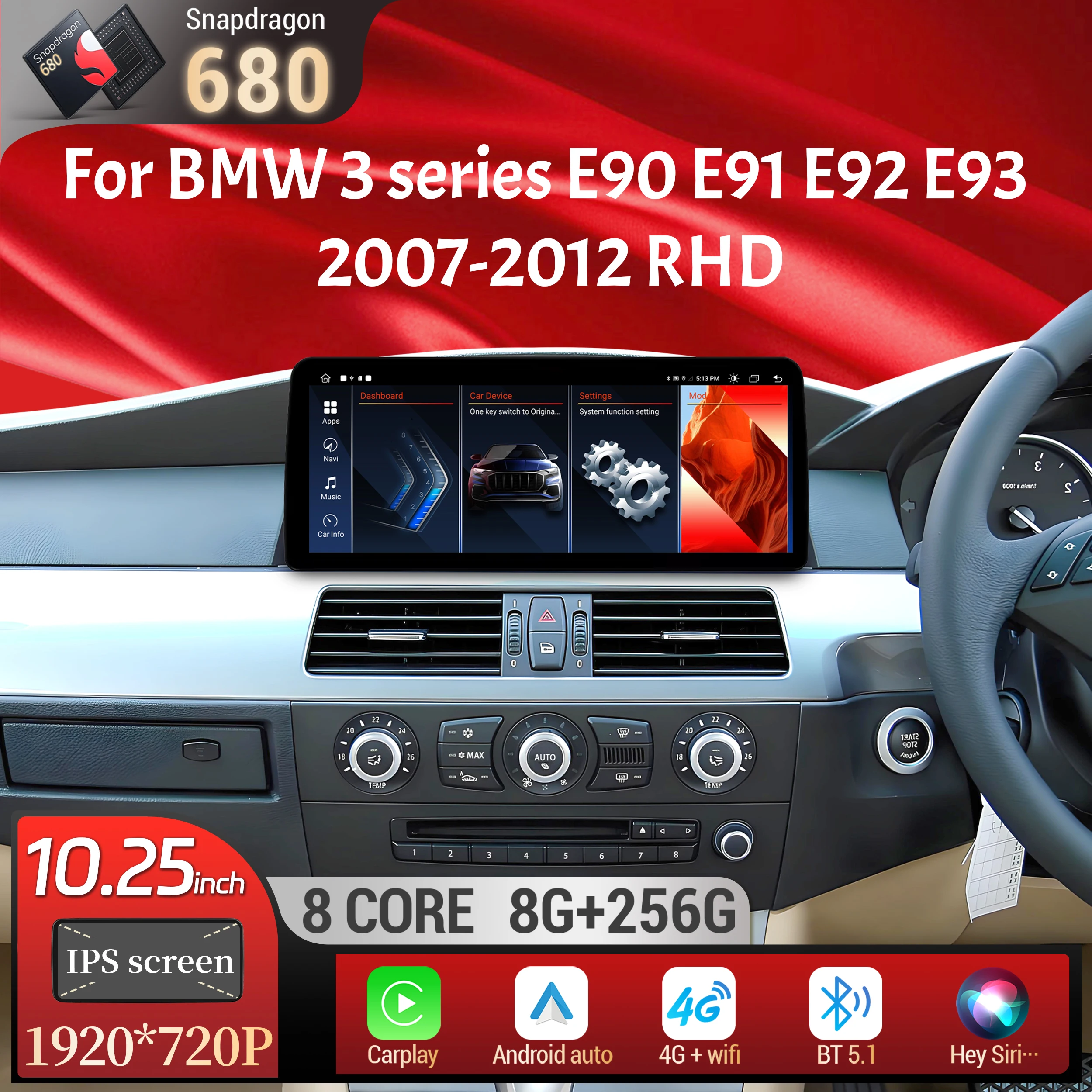 10.25 inch Right Hand Drive Android 14 For BMW 3 series E90 E91 E92 E93 2007-2012 Car Radio Carplay Snapdragon 680 Touch Screen