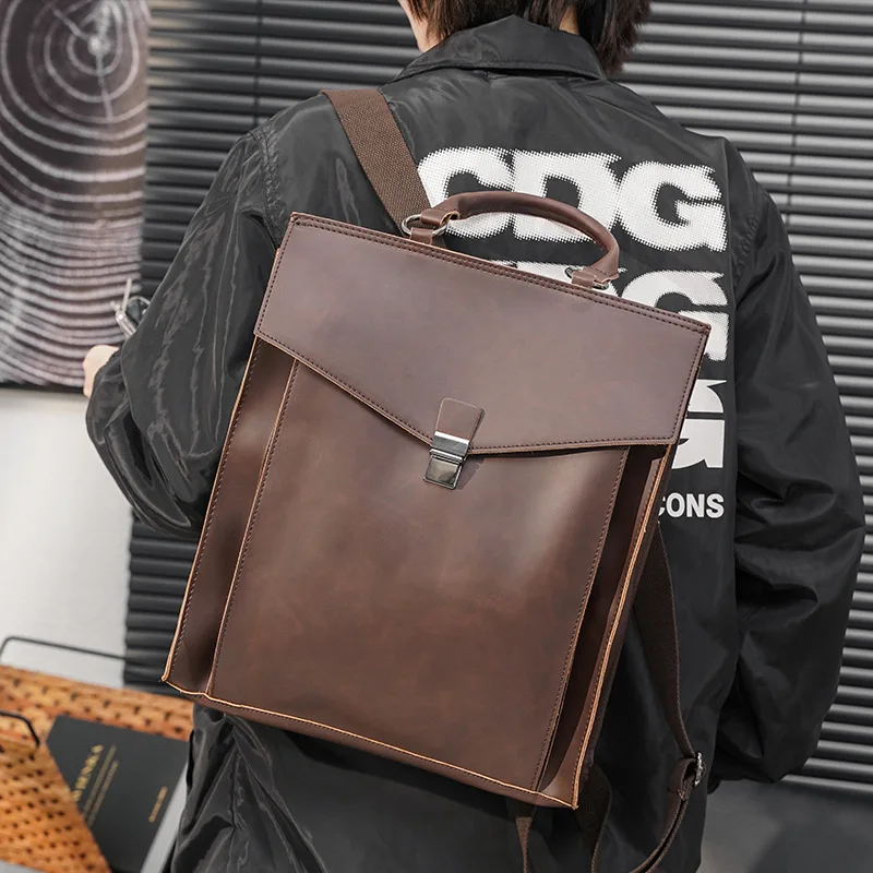 Crazy Horse PU Leather Men\'s Backpack Vintage Fashion Executive Briefcase Office Travel Laptop Office Casual Designer Bag