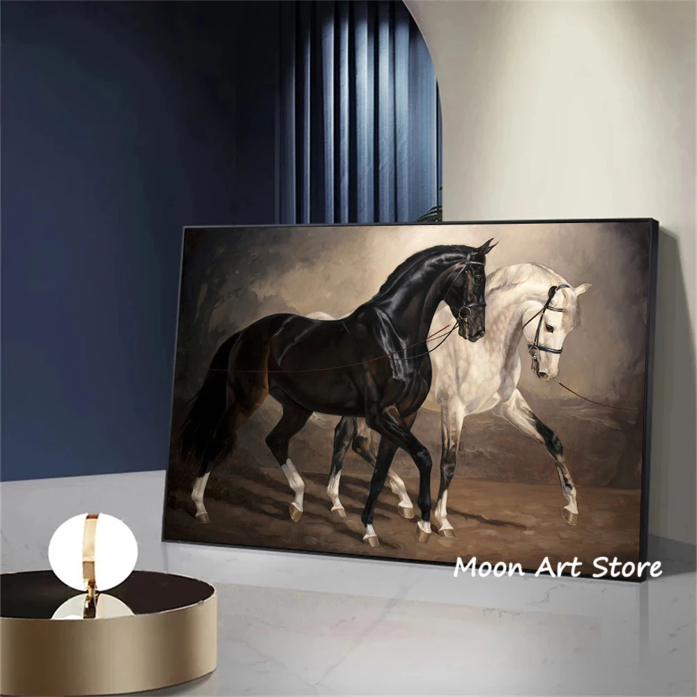 Vintage Oil Painting Animal Poster Black White Horse Large Size Canvas Painting HD Print Wall Art Picture Living Room Home Decor