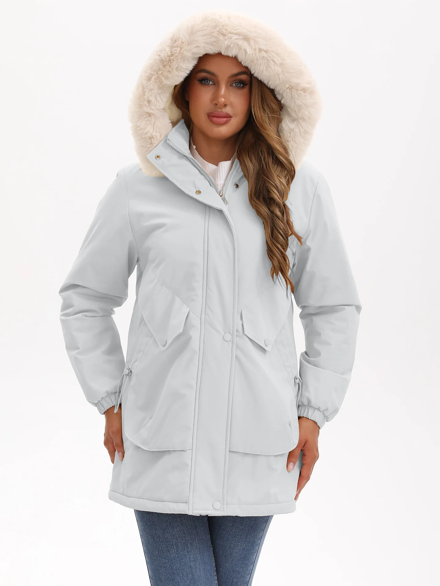 Women's Waterproof Medium-Length Parka side profile demonstrating medium-length coverage and layered insulation thickness