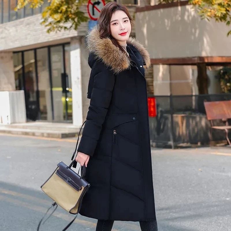 リアルファー襟付きホワイトダックダウンジャケット レディース 2025年冬新作 レースアップ 厚手 フード付きダウンコート 女性用 ロング丈 暖かいパーカー オーバーコート