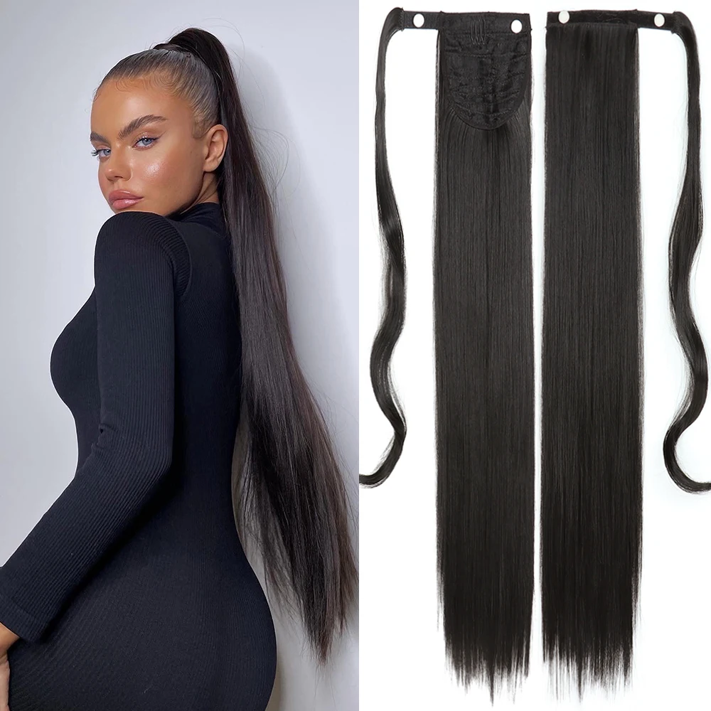 

Long Straight Ponytail Hair Extensions Synthetic Heat Resistant Hair 34Inch Wrap Around Pony Hairpiece Black Brown For Women