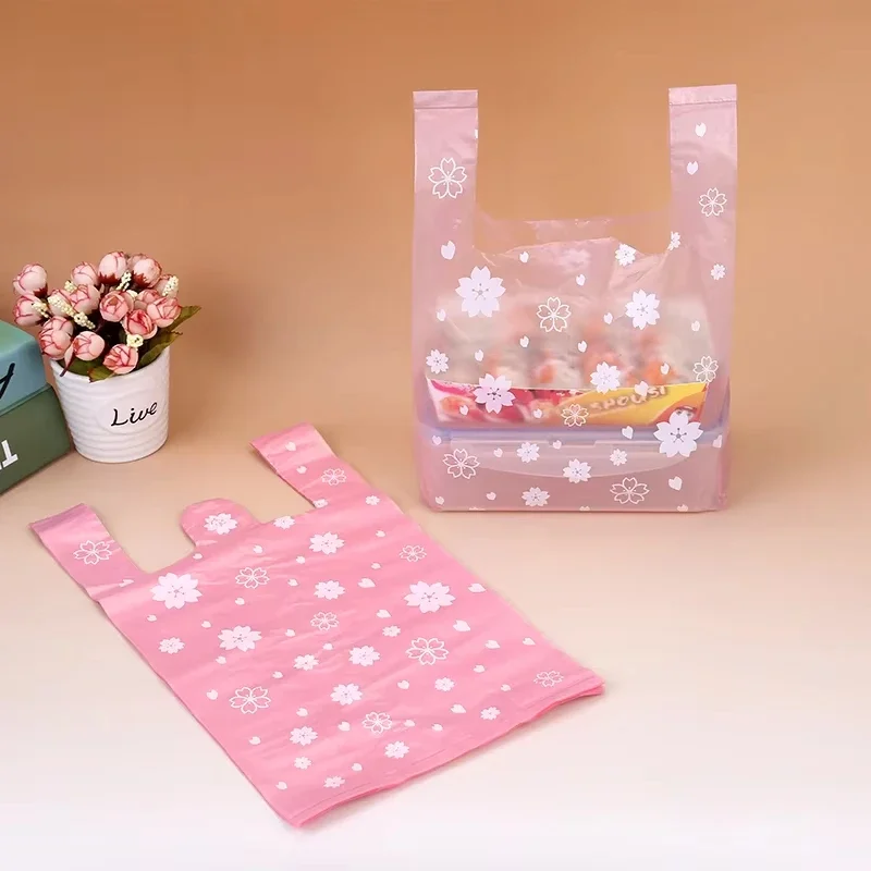 100 Pcs Sakura Plastic Bag with Handle 4 Sizes Fresh-keeping Candy Wedding Cartoon Gift Shopping Kitchen Storage Organization