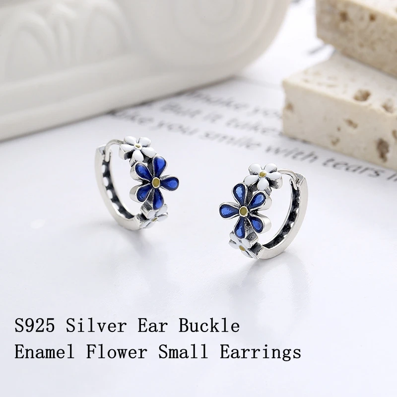 

Langyan 925 Sterling Silver Korean Style Enamel Small Flower Ear Buckle Vintage Blue White Earrings Jewelry for Women EH283