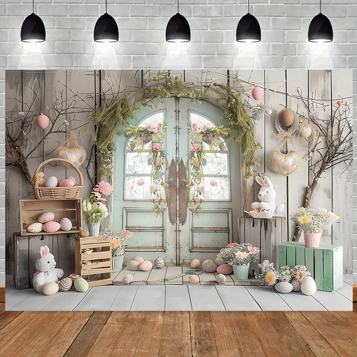 1 piece retro polyester Easter photo background, multi-purpose photo background with white door and colorful decor, universal