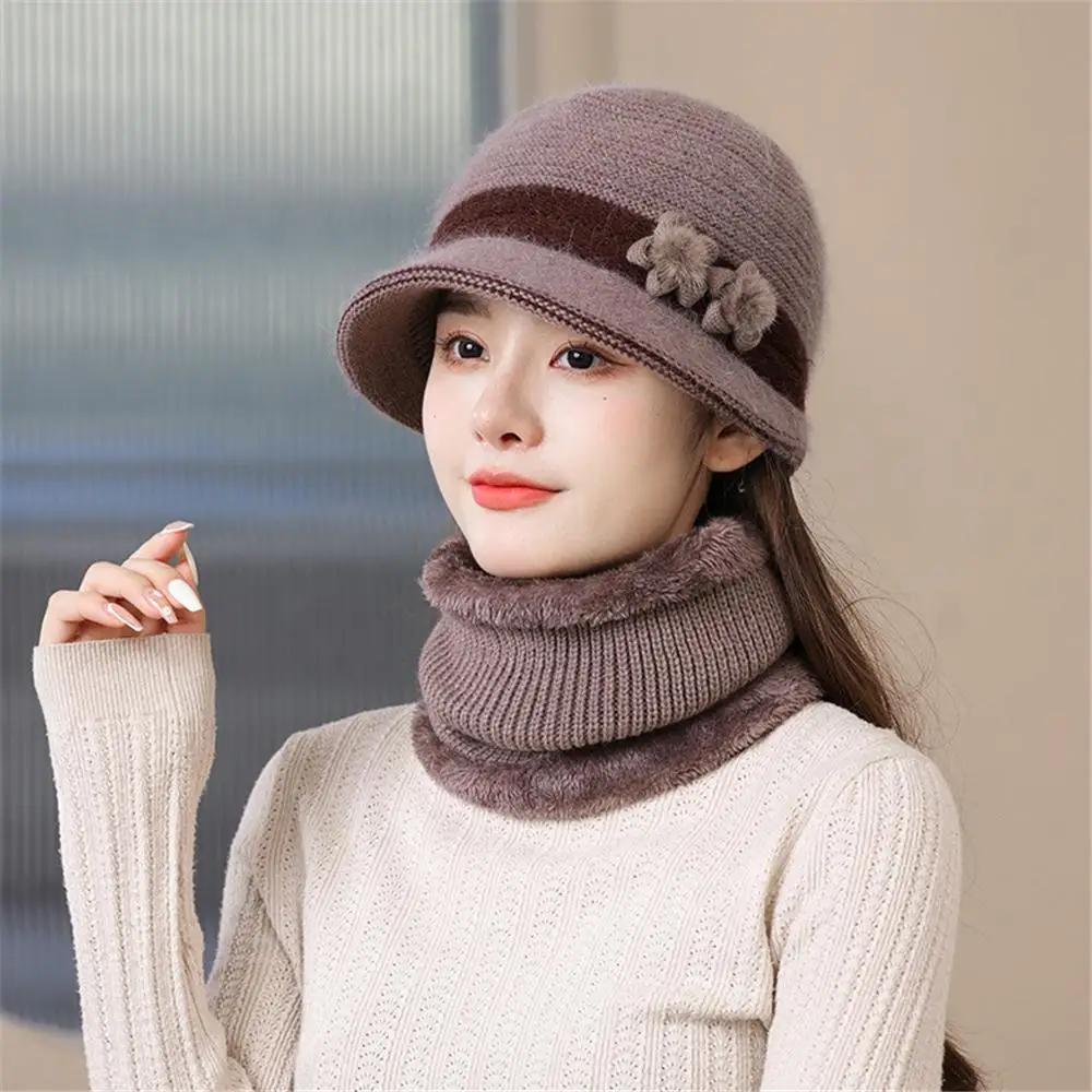 Outdoor Elderly Middle Aged Winter Beanie Hat Scarf Fleece Lining Windproof Neck Warmer Warm Knit Bucket Hat for Women