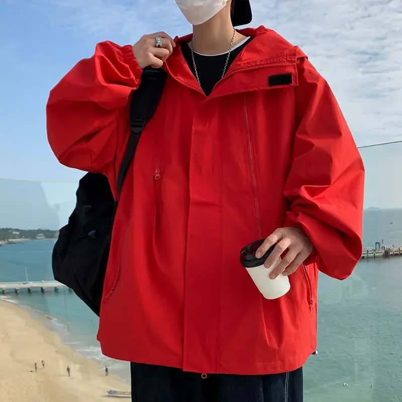 

​ Мужская водонепроницаемая куртка большого размера, тактическая куртка-карго с капюшоном на молнии, свободная уличная одежда на весну и осень ​