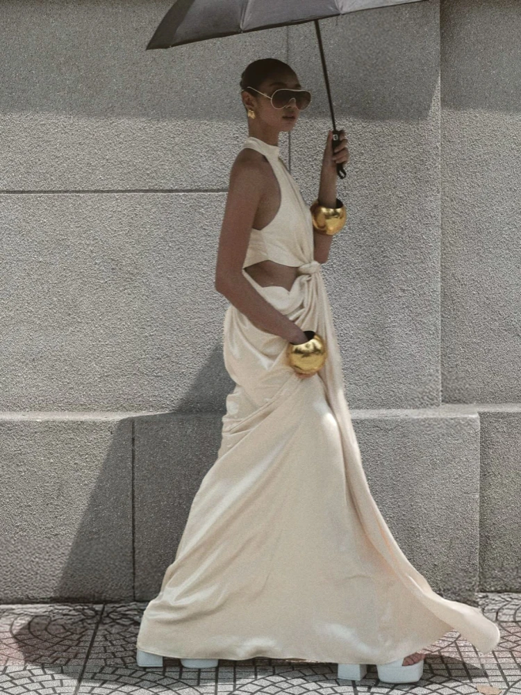 Sexy O Neck Twist Knot Hollow Out Long Dress Women Sleeveless Cutout Folds Bodycon Dresses Evening Party Cocktail Gowns