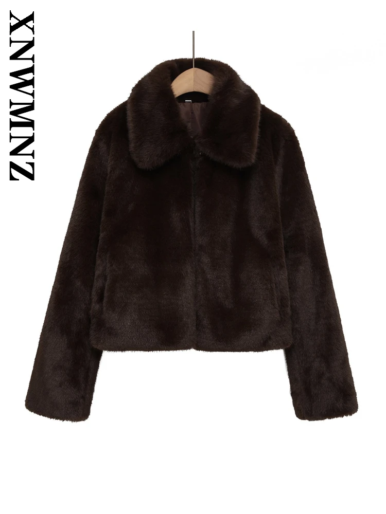 

XNWMNZ 2025 Осенняя женская простая модная куртка из искусственного меха с отложным воротником и длинными рукавами, винтажное повседневное женское коричневое сохраняющее тепло пальто