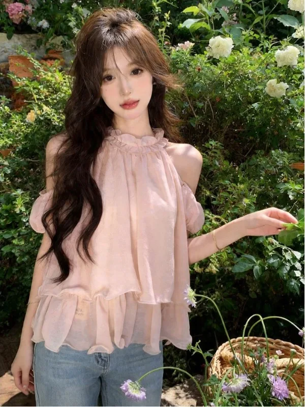 Sweet Fairy Style Off-Shoulder Bubble Sleeve Chiffon Top Women's Loose Neck Hanging Gown Gentle Wind Soft Color Sweet Atmosphere