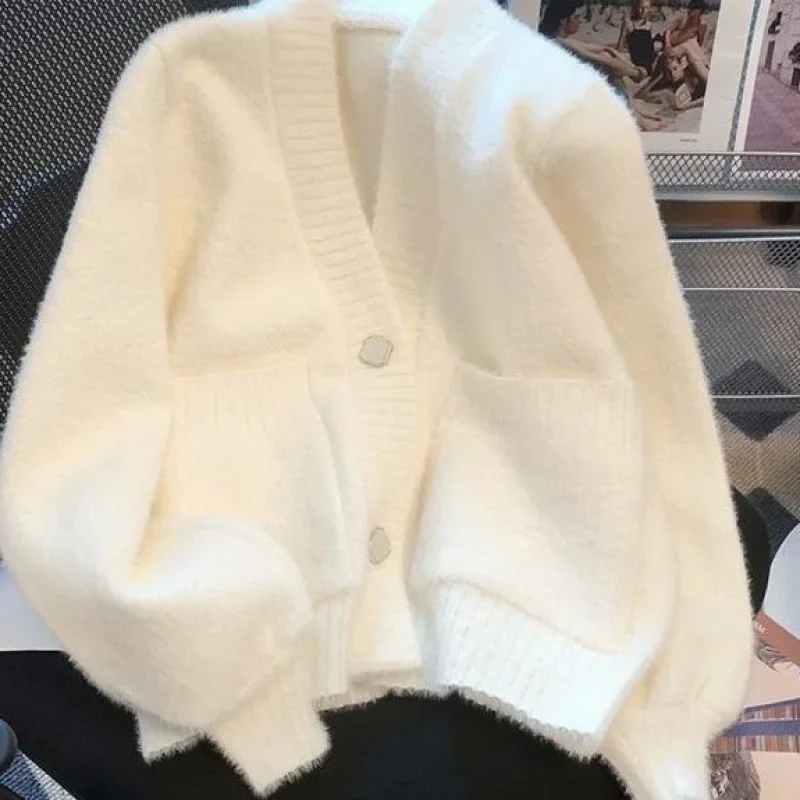 

Женская трикотажная куртка свободного покроя, мягкий кардиган с V-образным вырезом в Корейском стиле, Осень-зима 2024
