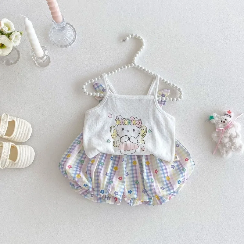 

Girly Heart Hello Kitty Anime Kawaii Sanrio Ins Fashion Short Sleeve Shirt Pants Set Cute Kt Cat Baby Casual Clothes Gifts