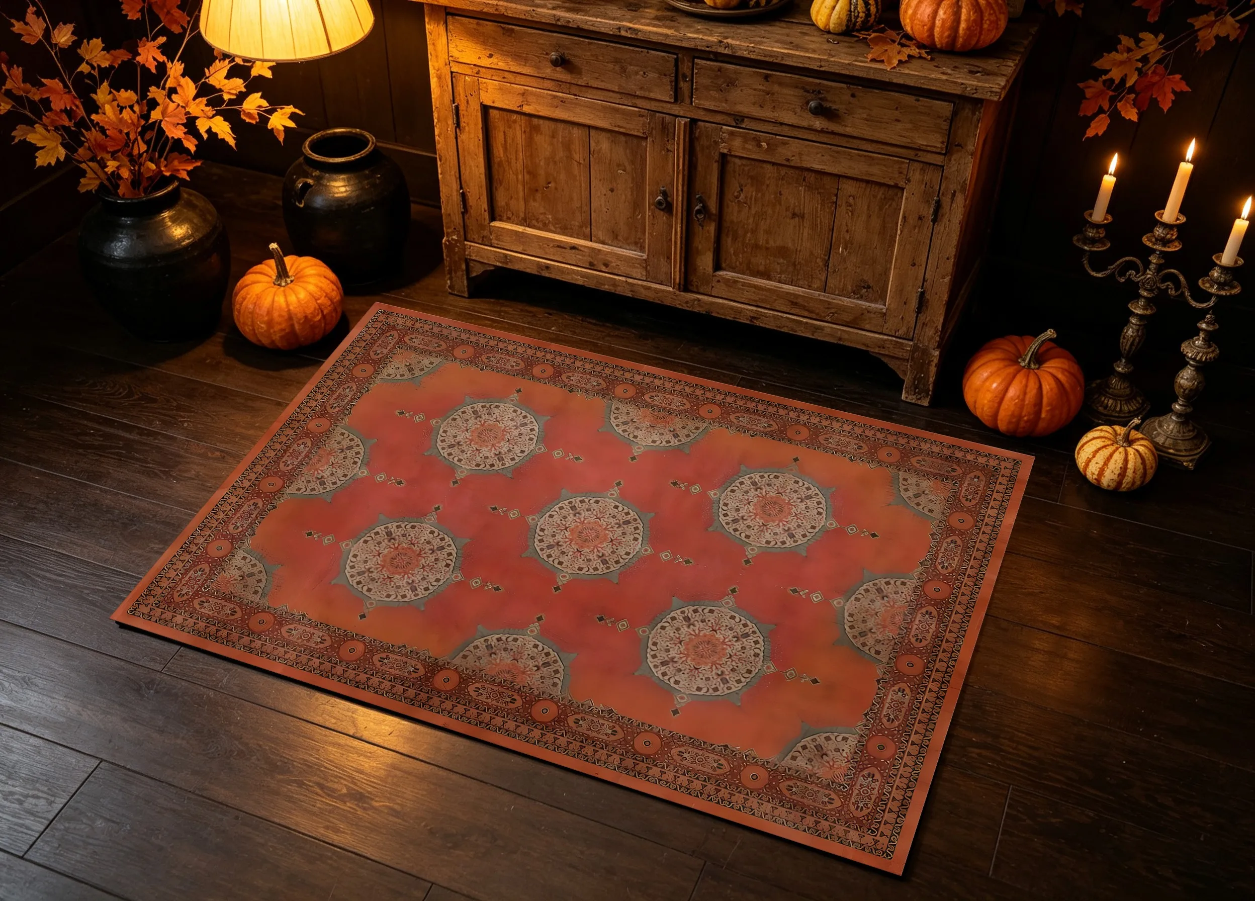 Orange Symmetrical Retro Persian Velvet Rug, Warm Sophisticated Decor for Living Room, Bedroom & Entryway
