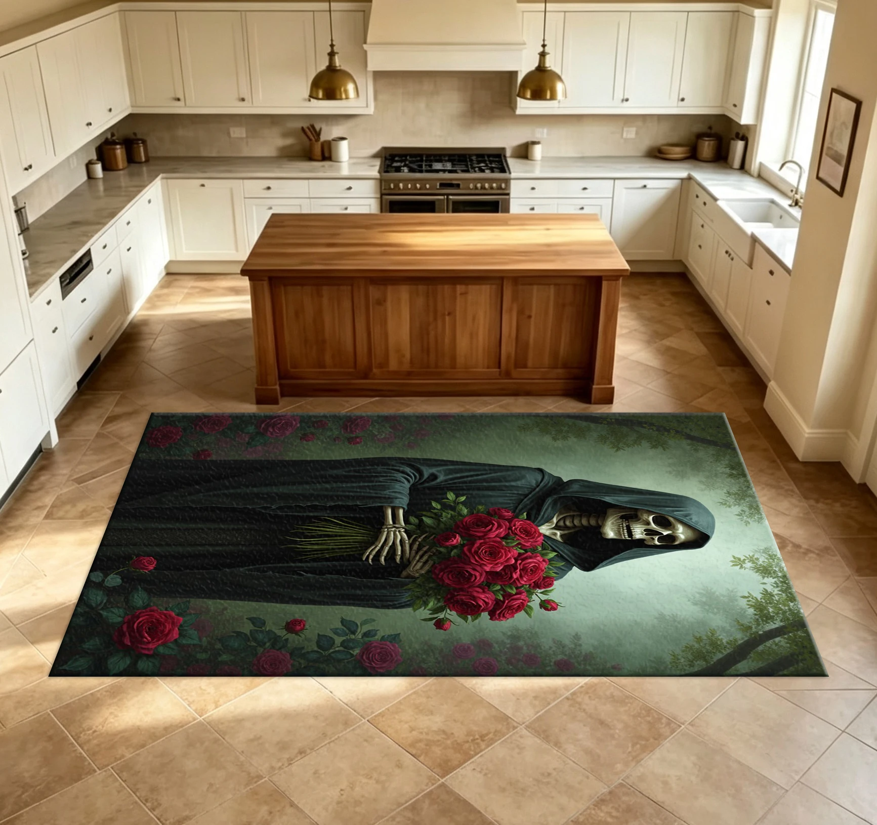 Gothic Skeleton with Red Roses Carpet Flooring Dark Art Themed Printed Household Floor Mat